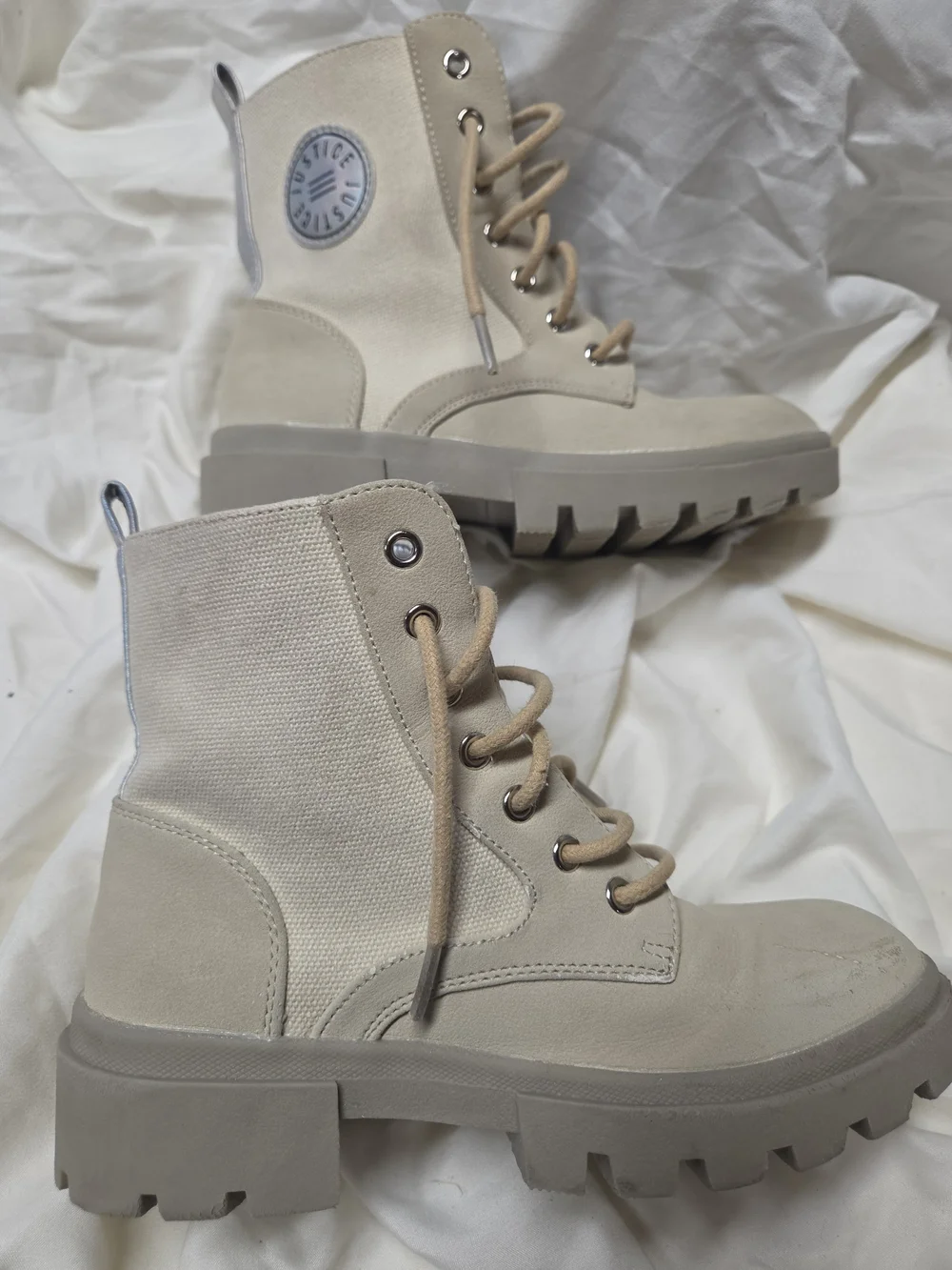 Justice Cream Lace-Up Lug Sole Combat Boots